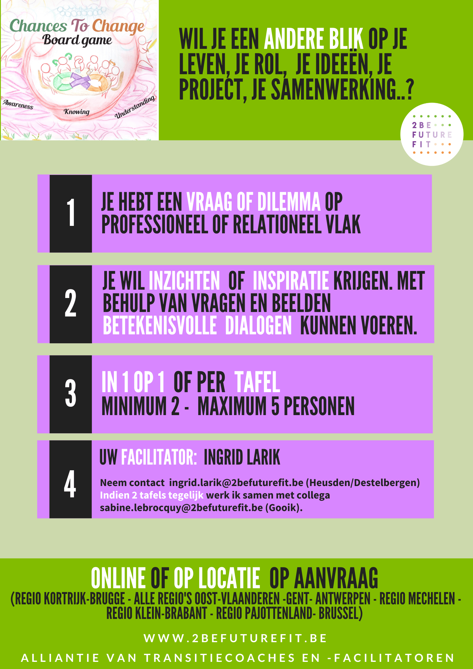 ChancesToChange bordspel: praktisch Coaching per tafel van 5 of in 1-op-1-op coaching
Voor meer informatie mail me : ingrid@ingridlarik.be